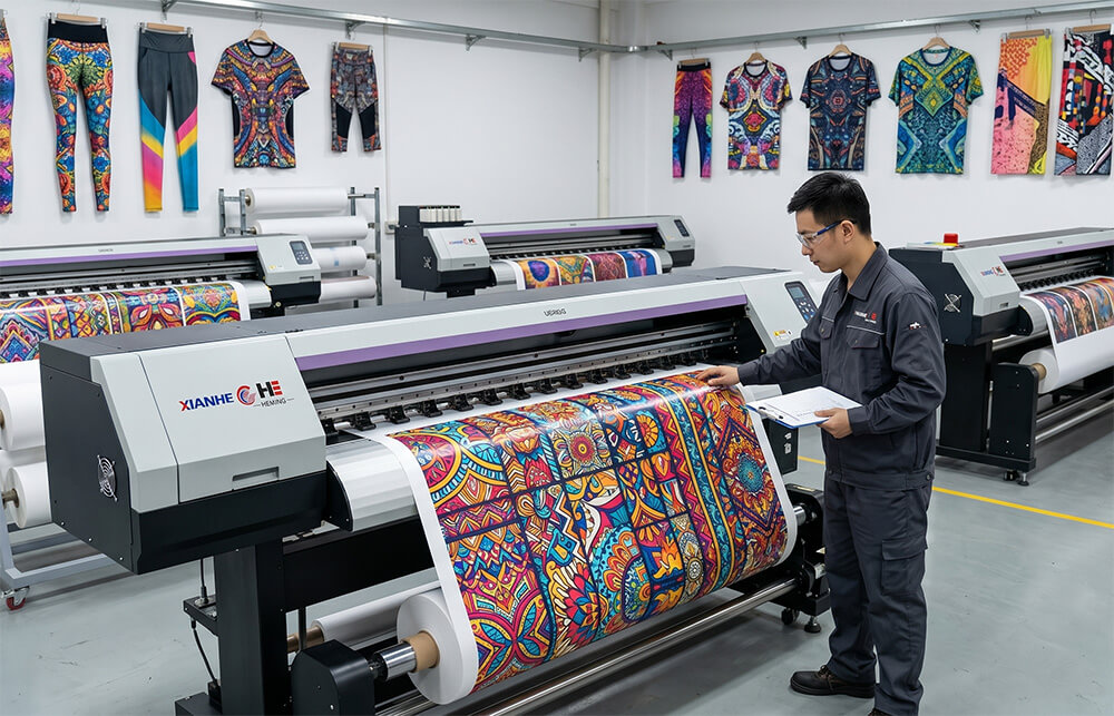 View Sublimation Paper Performance on Industrial Printers Industrial wide-format digital printer processing high-yield sublimation transfer paper rolls for textile manufacturing