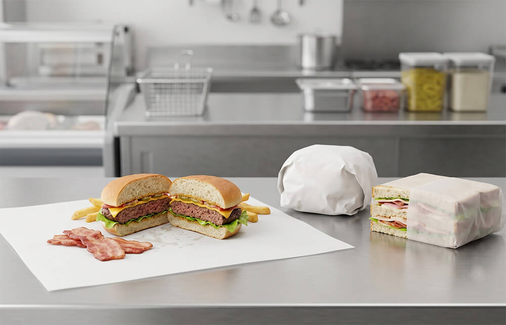 Food Service Packaging Solutions for QSR Chains PFAS-free greaseproof paper sheets used for fast food wrapping on a commercial stainless steel counter