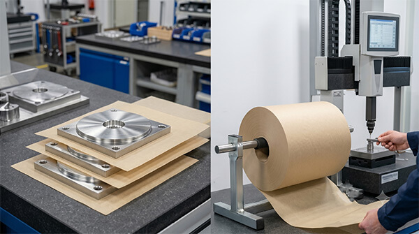 Plain Greaseproof Paper for Industrial Interleaving (35-40gsm) Rouleau de papier sulfurisé ordinaire utilisé pour l'entrelacement industriel et le conditionnement de pièces métalliques.