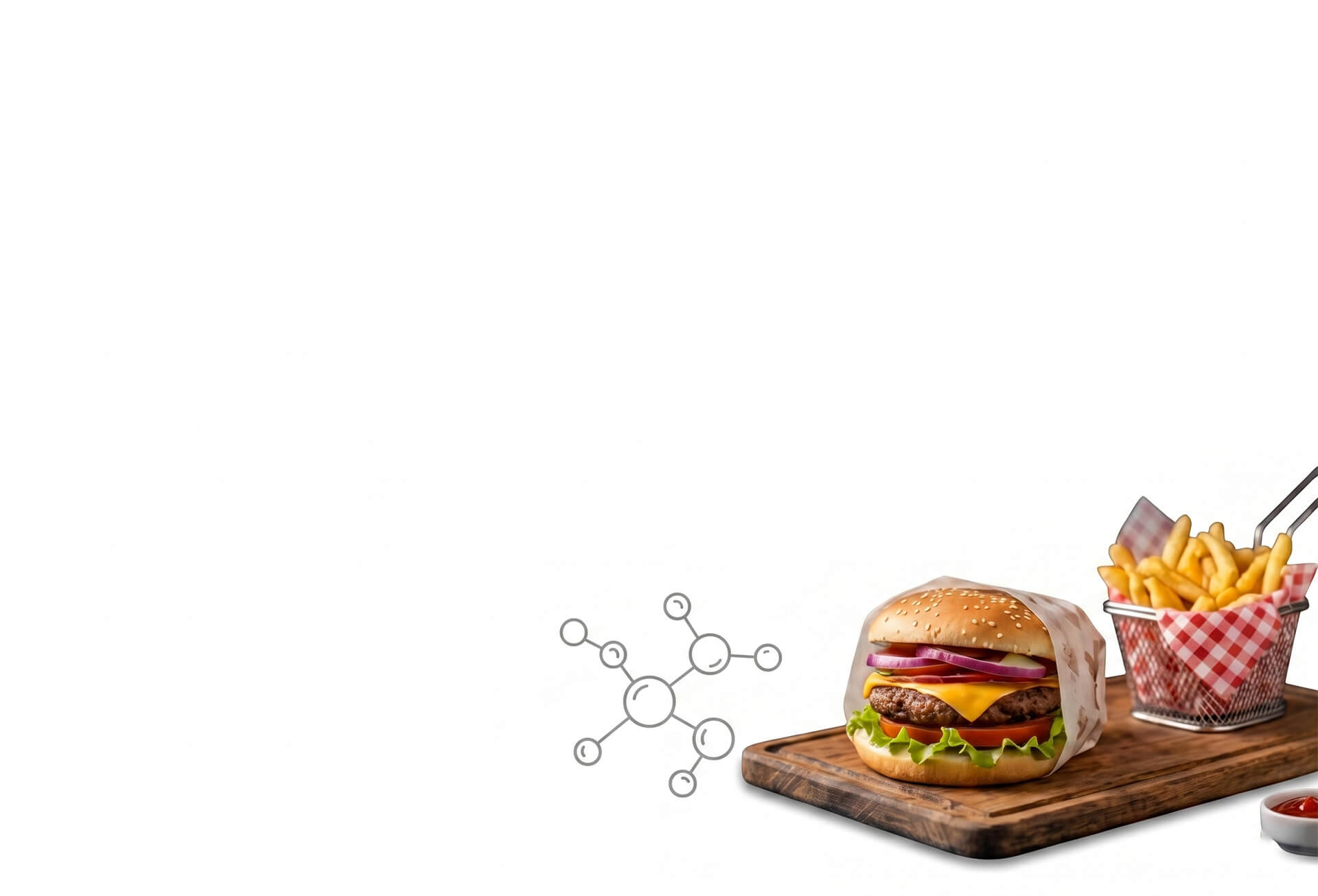 Recyclable & 100% Virgin Pulp Food Grade Greaseproof Packaging Cheeseburger and french fries wrapped in PFAS-free biodegradable anti grease paper on a wooden board.