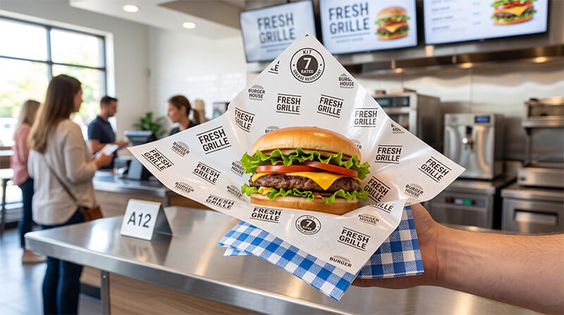 PFAS-free and PE coated wrapping solutions designed for grease resistance in high-volume QSR chains. Greaseproof Burger Wrapping Paper Solutions