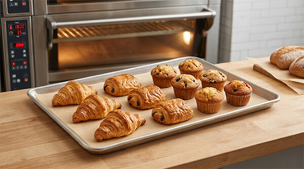 OBA-Negative Bakery & Tray Liners (40-55gsm) Papier sulfurisé OBA négatif utilisé comme revêtement de plaque pour les croissants dans un four professionnel.