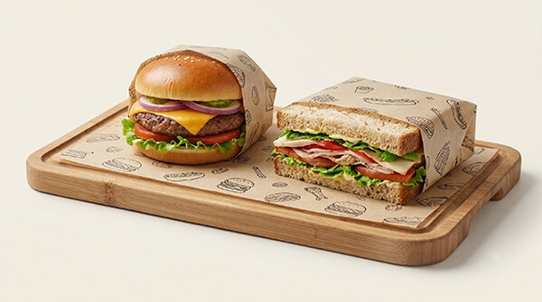 Custom Printed Greaseproof Wraps (35-40gsm) Papier sulfurisé imprimé personnalisé utilisé comme emballages de hamburgers et de sandwichs sur une planche à découper en bois.