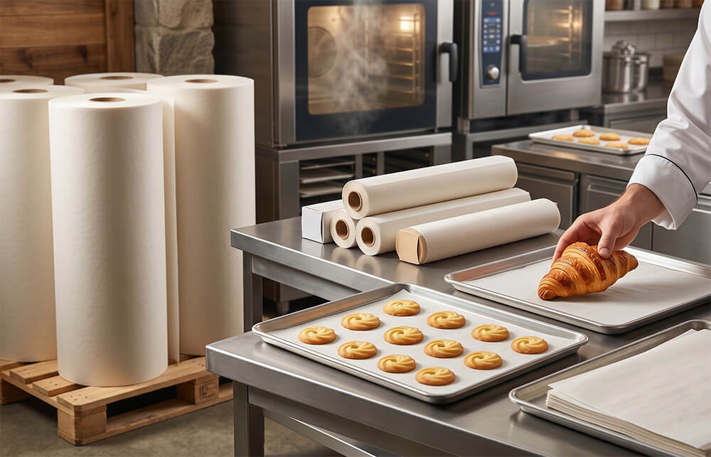 Wholesale Baking Paper and Parchment Jumbo Rolls Jumbo rolls of silicone-coated baking paper and parchment paper lining trays in a commercial industrial bakery