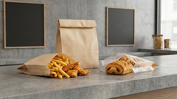 Greaseproof Paper for Flat & Gusset Bags (35-50gsm) Sacs alimentaires plats et à soufflets à haute résistance à la traction en papier sulfurisé.