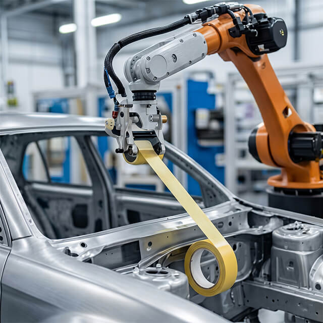 Automotive robotic arm applying double-sided industrial tape with glassine liner.
