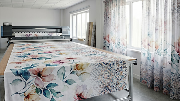 Wide-format industrial sublimation printer producing seamless floral bedding using lightweight jumbo rolls