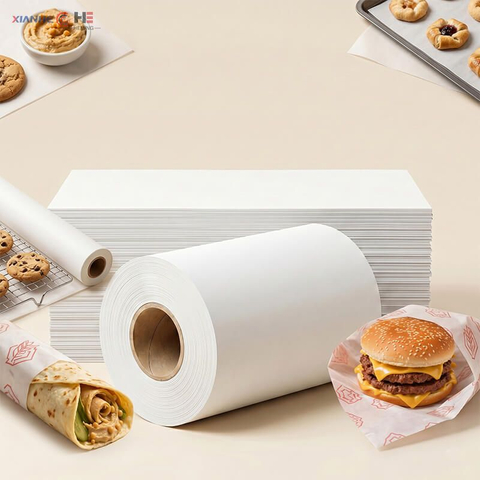 Custom size greaseproof paper roll and sheets used for fast food and burger wrapping.