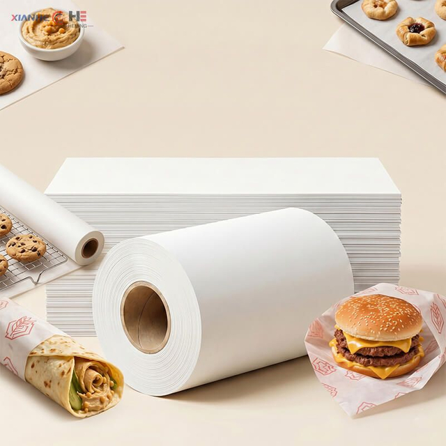 Custom size greaseproof paper roll and sheets used for fast food and burger wrapping.