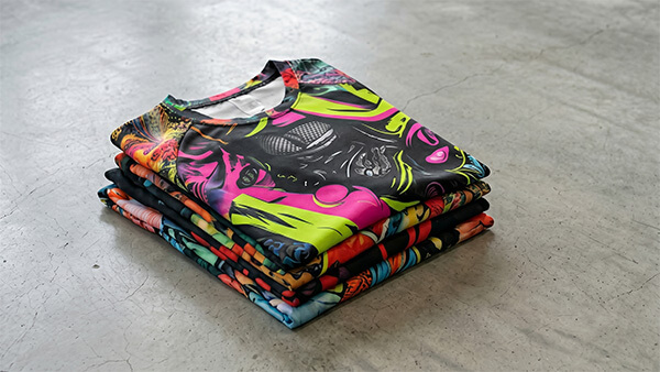 Stack of colorful fast fashion t-shirts printed with cost-effective lightweight sublimation paper rolls
