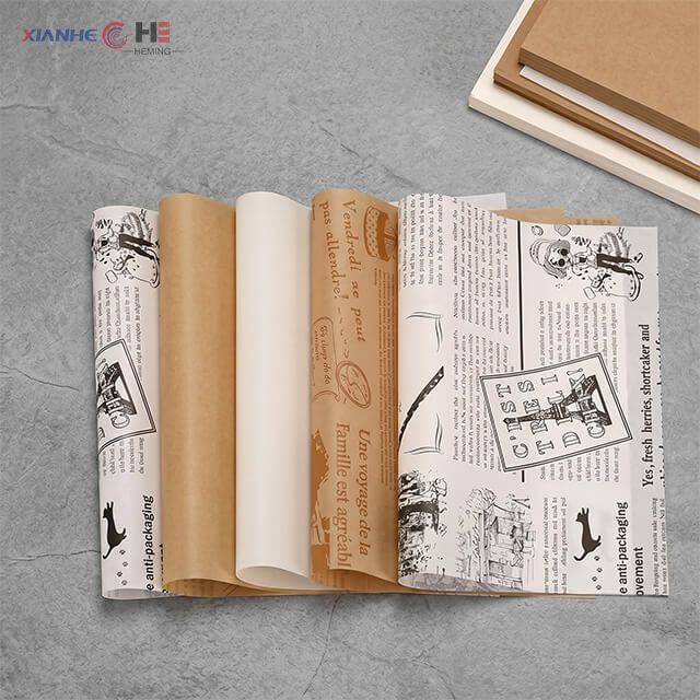 Various designs of custom printed hamburger wrapping paper with different logos and flexographic ink patterns