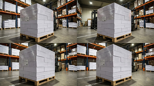 Pallets of wholesale food grade paper ready for bulk distribution in a factory warehouse