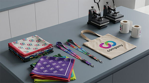 Customized promotional merchandise including lanyards and tote bags printed via lightweight sub paper