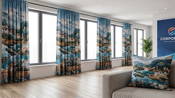 Home decor interior featuring custom printed curtains and cushions using wide-format sublimation paper rolls