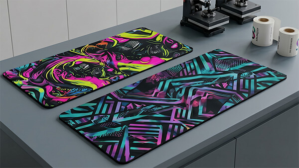 Thick gaming mouse pads with neon designs printed using 100gsm heavyweight sublimation rolls