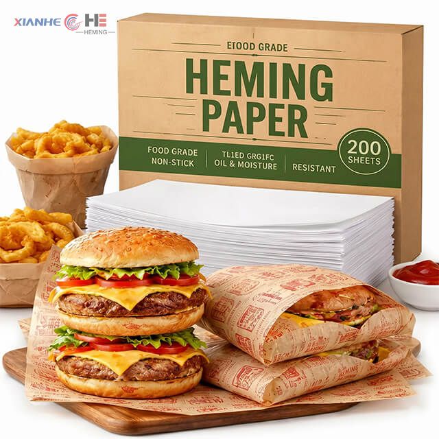 Food grade hamburger wrapping paper being used for burgers and fries packaging in a QSR setting