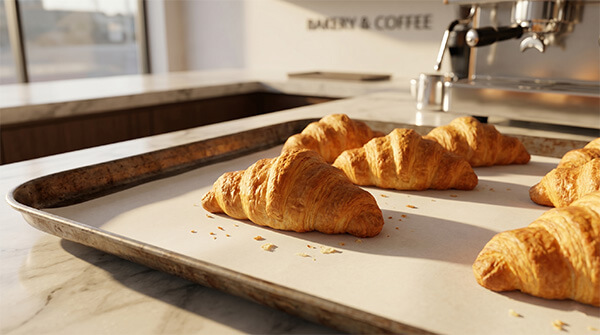 Fluorine-free eco-friendly baking sheet paper lining a tray of croissants in a bakery