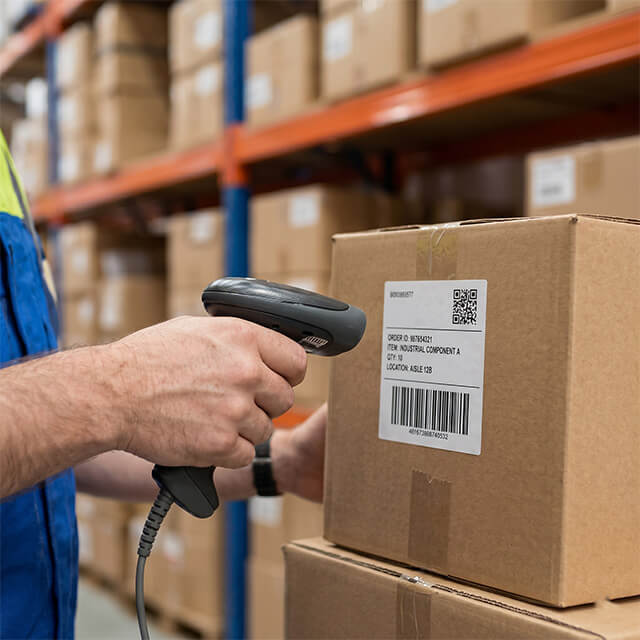 Logistics worker scanning barcode labels backed by smooth glassine release paper.