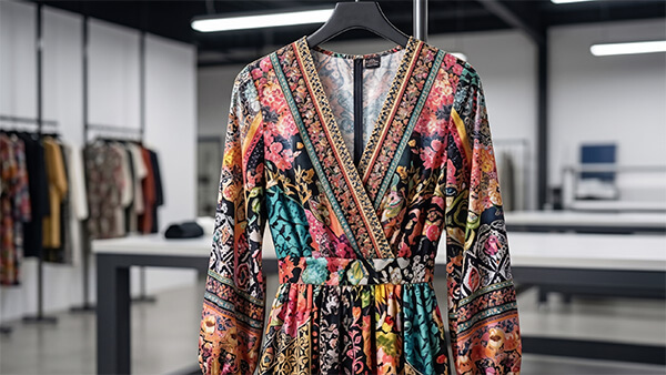 Vibrant printed dress showcasing high-yield sublimation transfer paper for fast fashion and apparel manufacturing