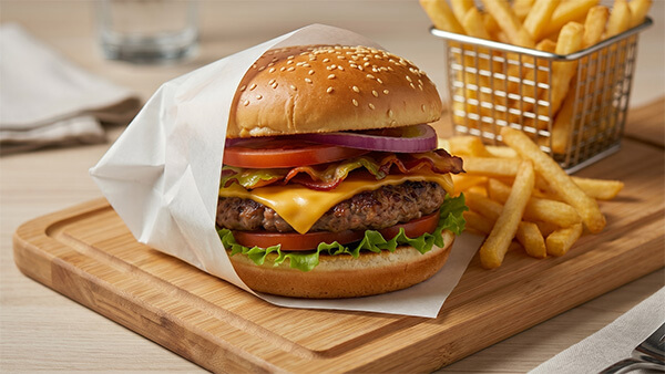 Fresh cheeseburger and fries wrapped in FDA-compliant and PFAS-free fast food wrapping paper