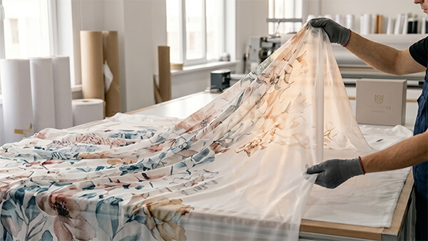 Worker inspecting sheer floral home textiles printed with lightweight sublimation paper for fabric