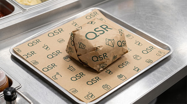 Custom printed greaseproof burger wrapping paper used on a fast food restaurant tray
