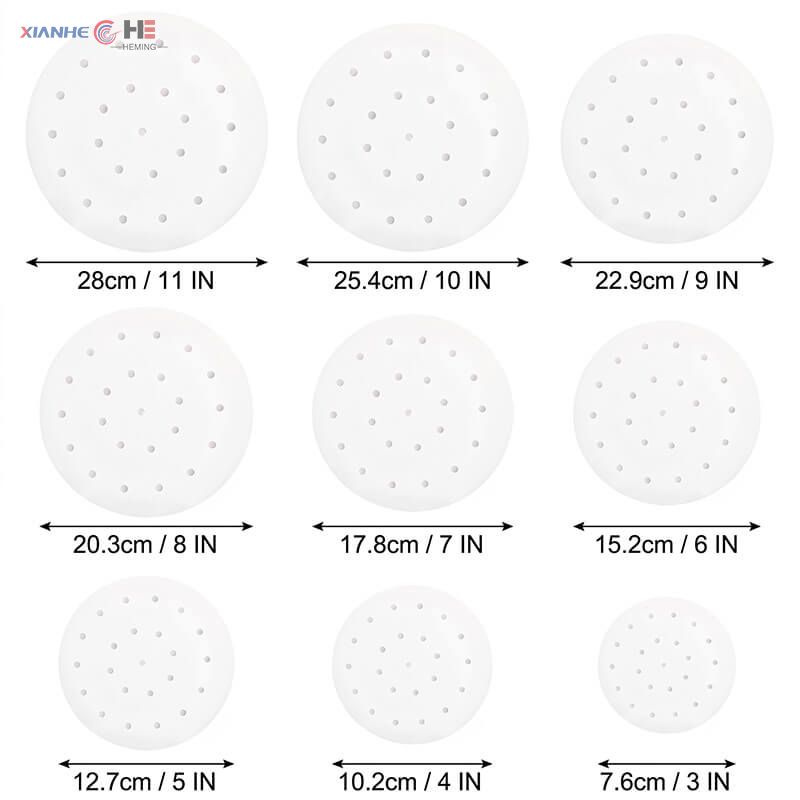Size chart for round parchment steamer paper liners from 3 inch to 11 inch diameters