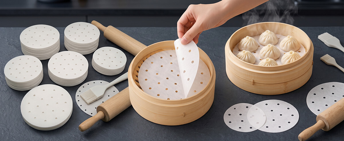 Stacks of wholesale round parchment steamer paper liners beside bamboo steamer with steamed buns