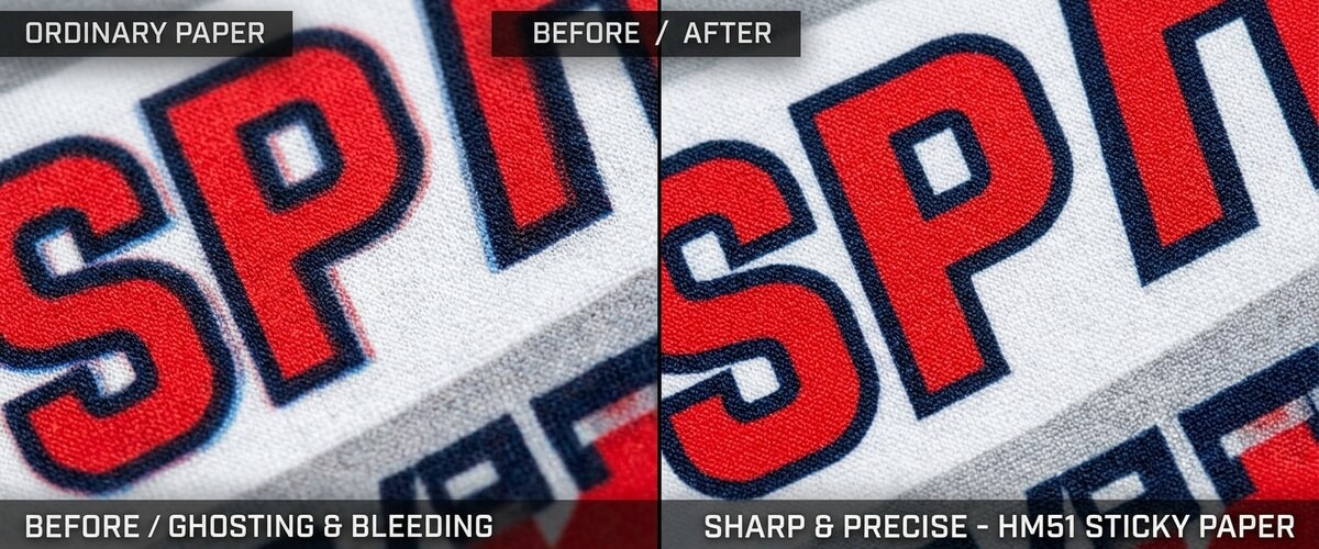 Macro comparison between ordinary sublimation paper ghosting blur and HM51 sticky sublimation paper sharp print on sportswear