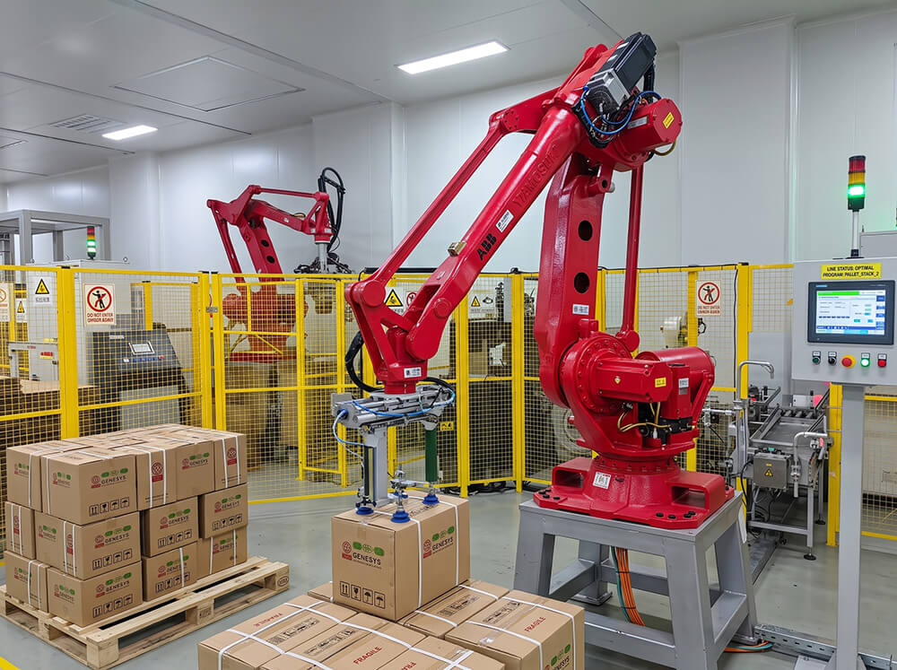 Automated robotic arm packing and palletizing boxed electrolytic capacitor paper rolls in dust-free cleanroom.