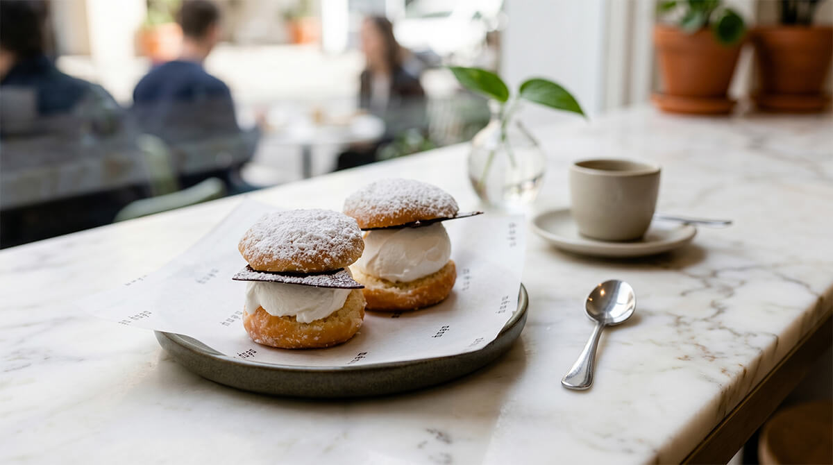 Two cream-filled pastries served on a marble cafe table, resting on minimalist personalised greaseproof paper