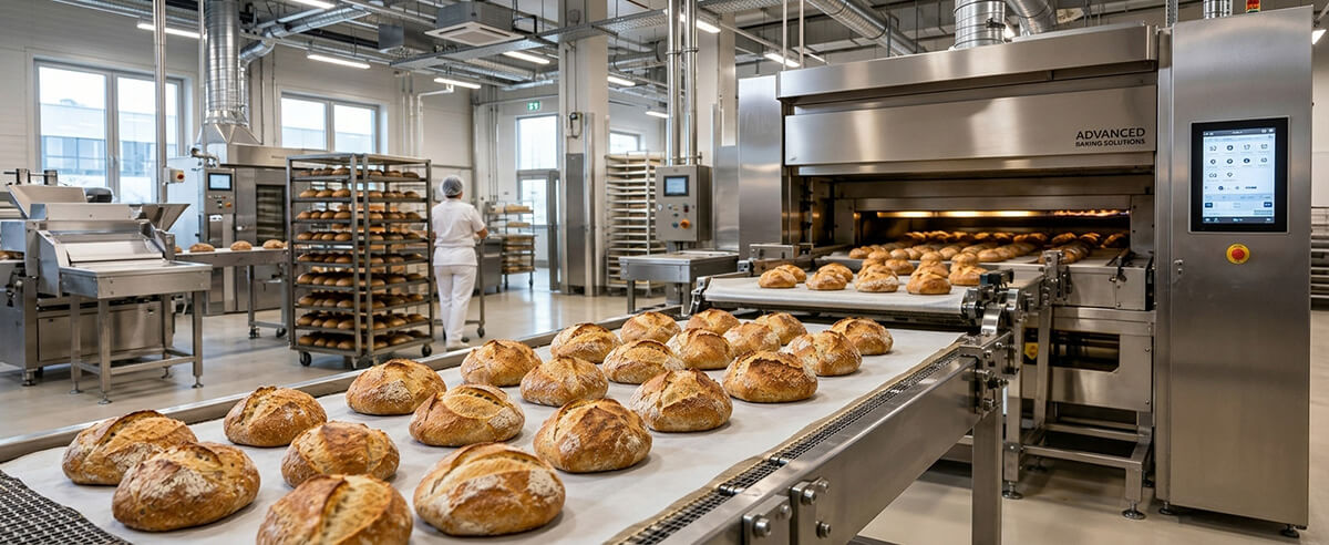 Commercial bakery conveyor belt transporting bread loaves on PFAS-free FDA compliant baking release paper