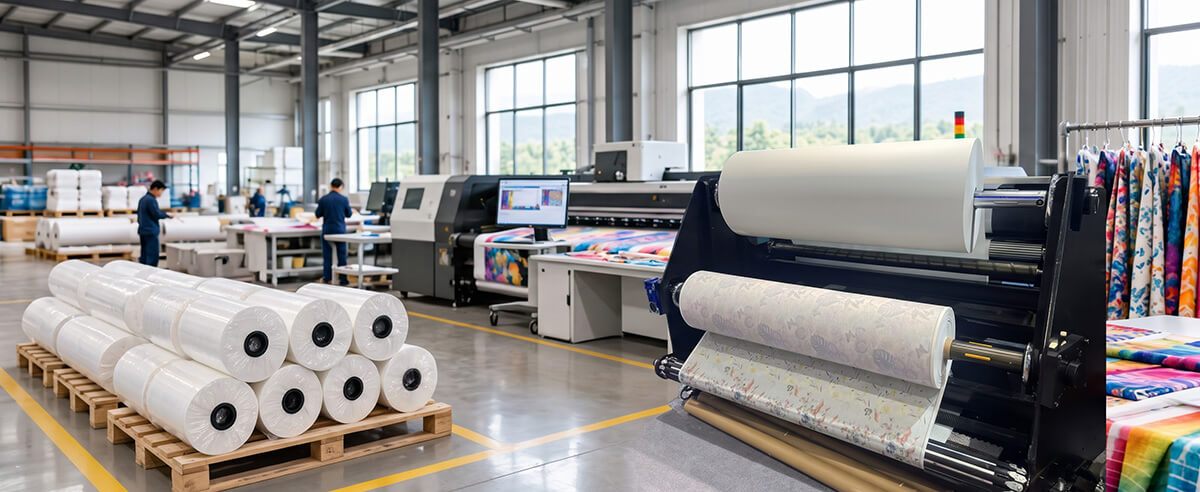 Palletized sublimation paper jumbo rolls ready for roll-to-roll industrial textile printing in a garment manufacturing facility