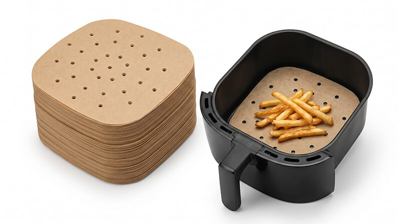 Unbleached perforated air fryer parchment paper liners next to hot air fryer basket with fries