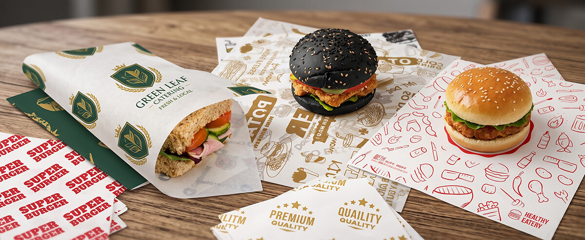 Custom printed food grade greaseproof paper wrapping a sandwich and burgers on a wooden table, showcasing brand logo packaging.