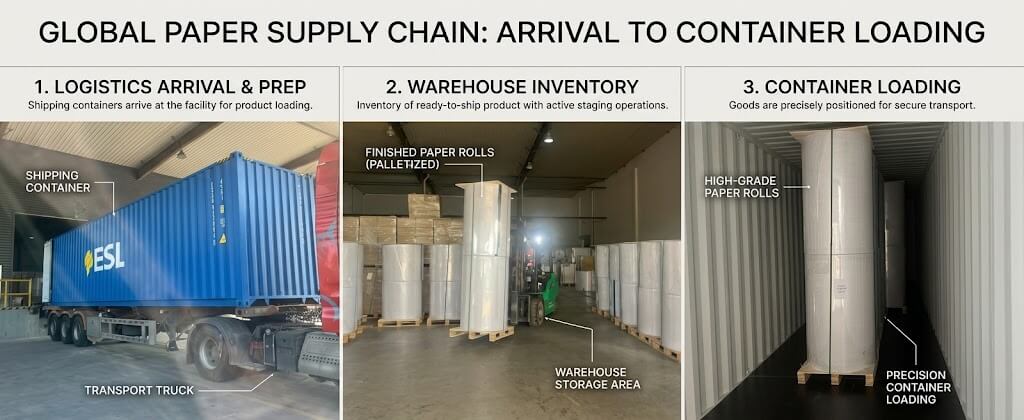 Global paper supply chain workflow diagram showing logistics preparation, warehouse staging, and container loading