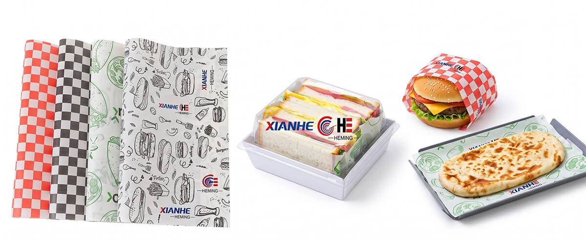 Custom printed lightweight greaseproof wrapping paper with fast food graphics for deli and bakery bags