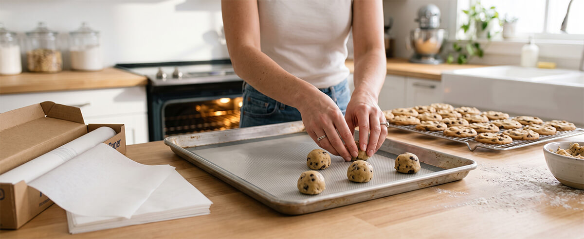 Home baker placing cookie dough on silicone baking mat with parchment paper nearby on kitchen counter