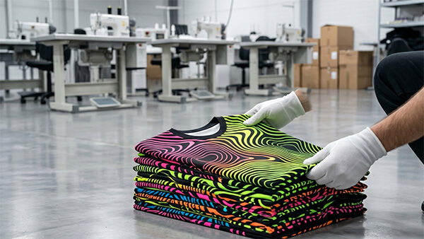 Stack of vibrant custom garments printed using lightweight sublimation printer paper for shirts