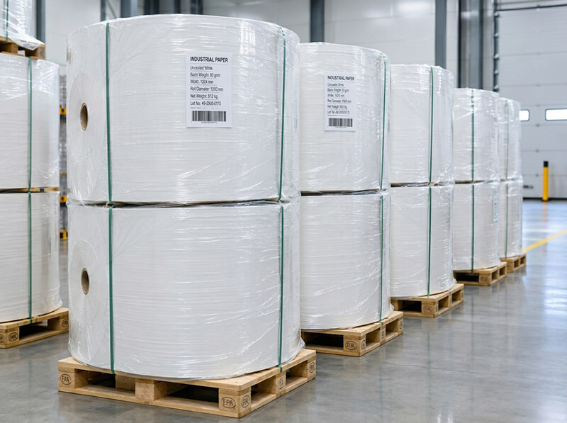 Palletized rolls of Heming XH2110 35-40gsm white uncoated baking base paper in warehouse