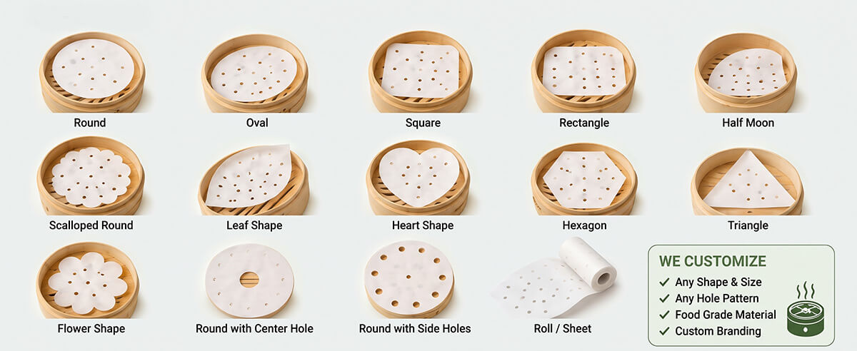 Custom shapes and perforation patterns of steamer paper liners including round, oval, square, and rolls