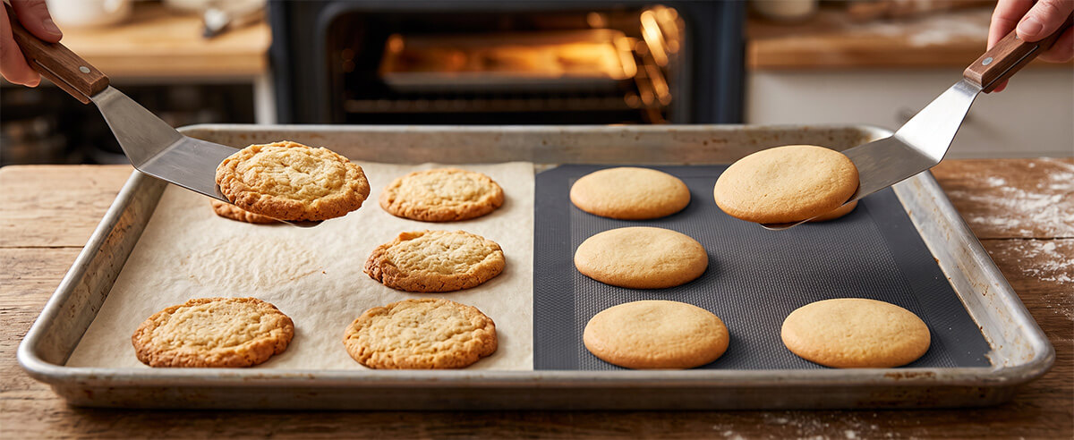 Cookies baked on parchment paper vs silicone baking mat showing browning and texture difference
