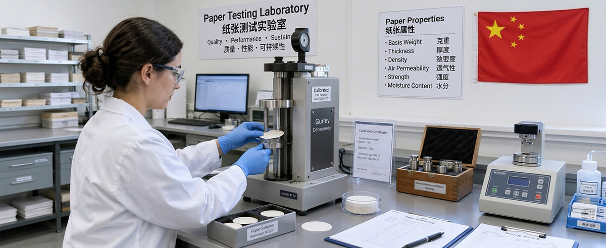Laboratory technician testing baking base paper air permeability and porosity on a Gurley densometer