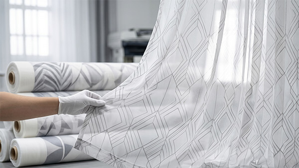 Worker inspecting sheer curtains printed with lightweight sublimation paper for fabric