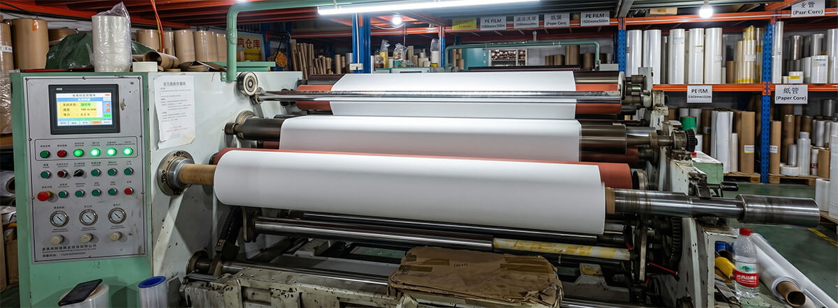 Industrial coating machine processing wholesale sublimation paper rolls in a manufacturing facility.