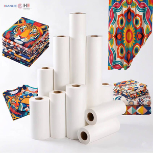 Various sizes of industrial sublimation paper rolls with vibrant printed textile fabric samples for bulk supply