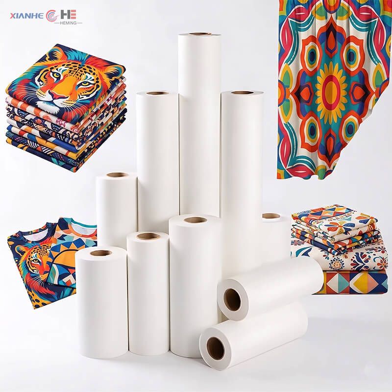 Various sizes of industrial sublimation paper rolls with vibrant printed textile fabric samples for bulk supply