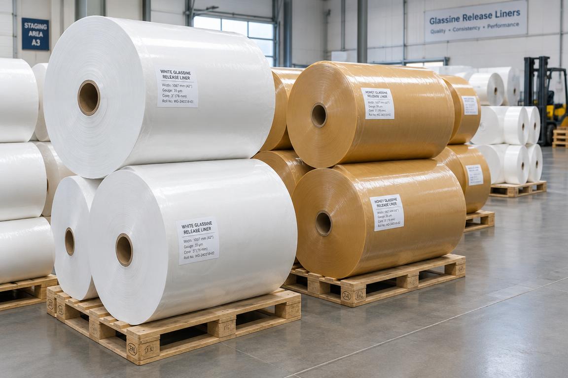 Palletized white and honey yellow glassine release liner jumbo rolls in factory warehouse staging area