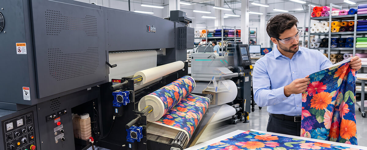 Technician inspecting printed polyester fabric quality and sublimation transfer yield next to an industrial textile printer