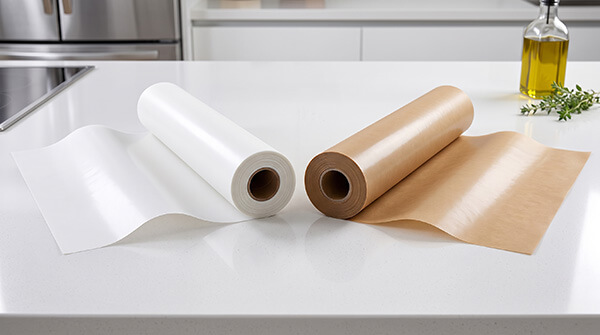 White and brown silicone-coated baking paper rolls with metal serrated cutter box